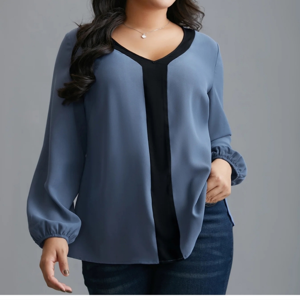 V-neck Blouse with Lantern Sleeve